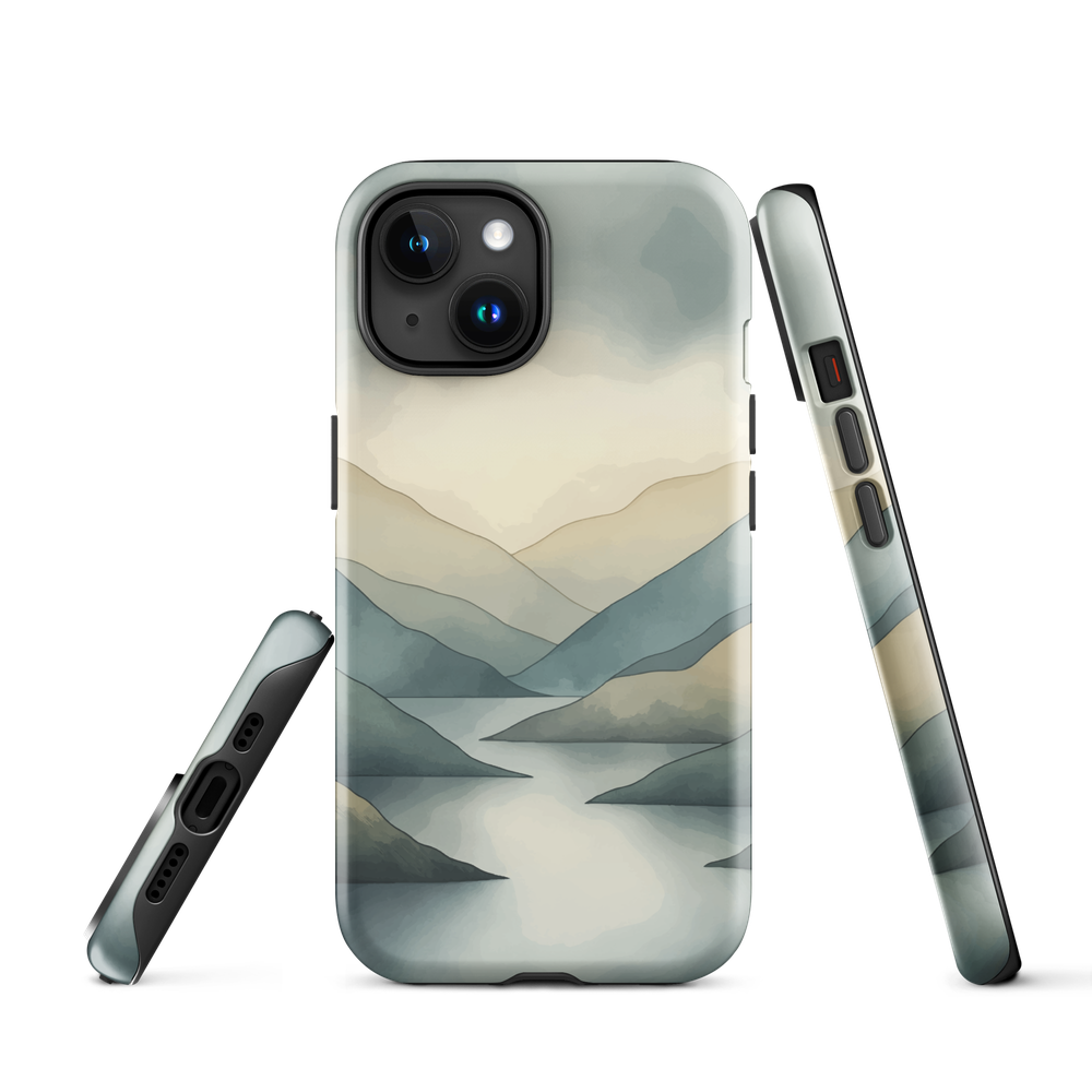 Phone case with soft mountain and valley design in misty green, blue, and golden tones