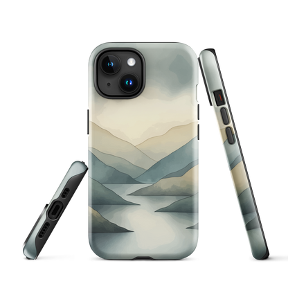 Phone case with soft mountain and valley design in misty green, blue, and golden tones