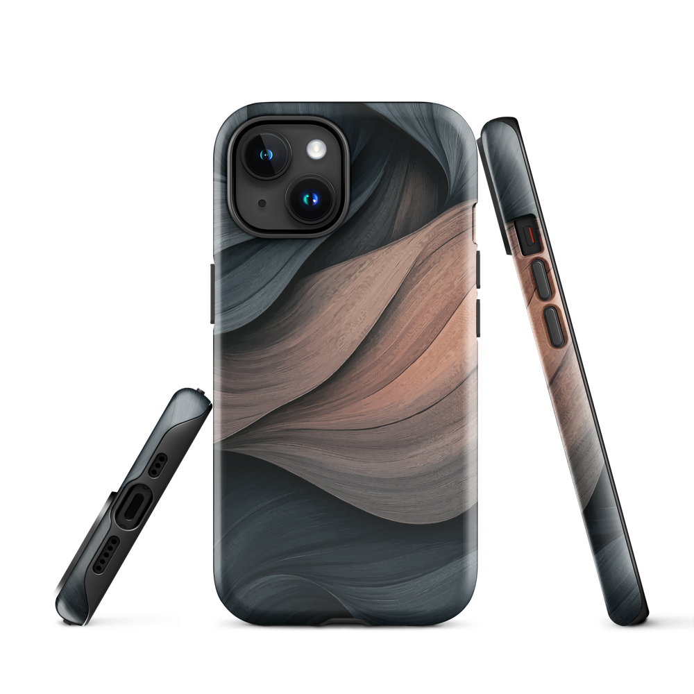 Phone case with flowing abstract design in black, copper and charcoal tones, inspired by dusk shadows