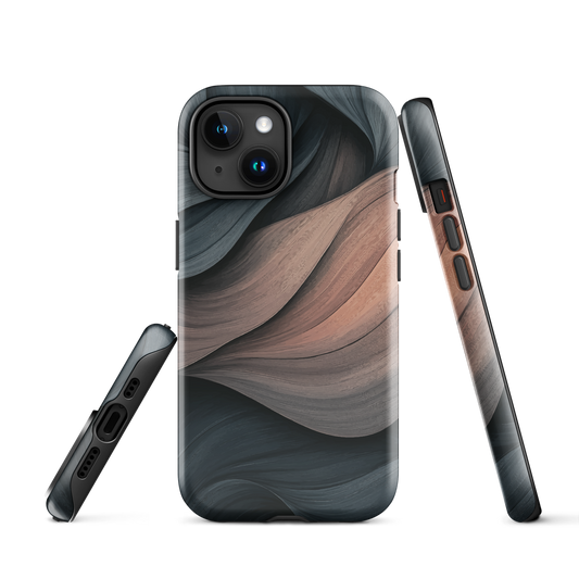Phone case with flowing abstract design in black, copper and charcoal tones, inspired by dusk shadows