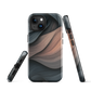 Phone case with flowing abstract design in black, copper and charcoal tones, inspired by dusk shadows