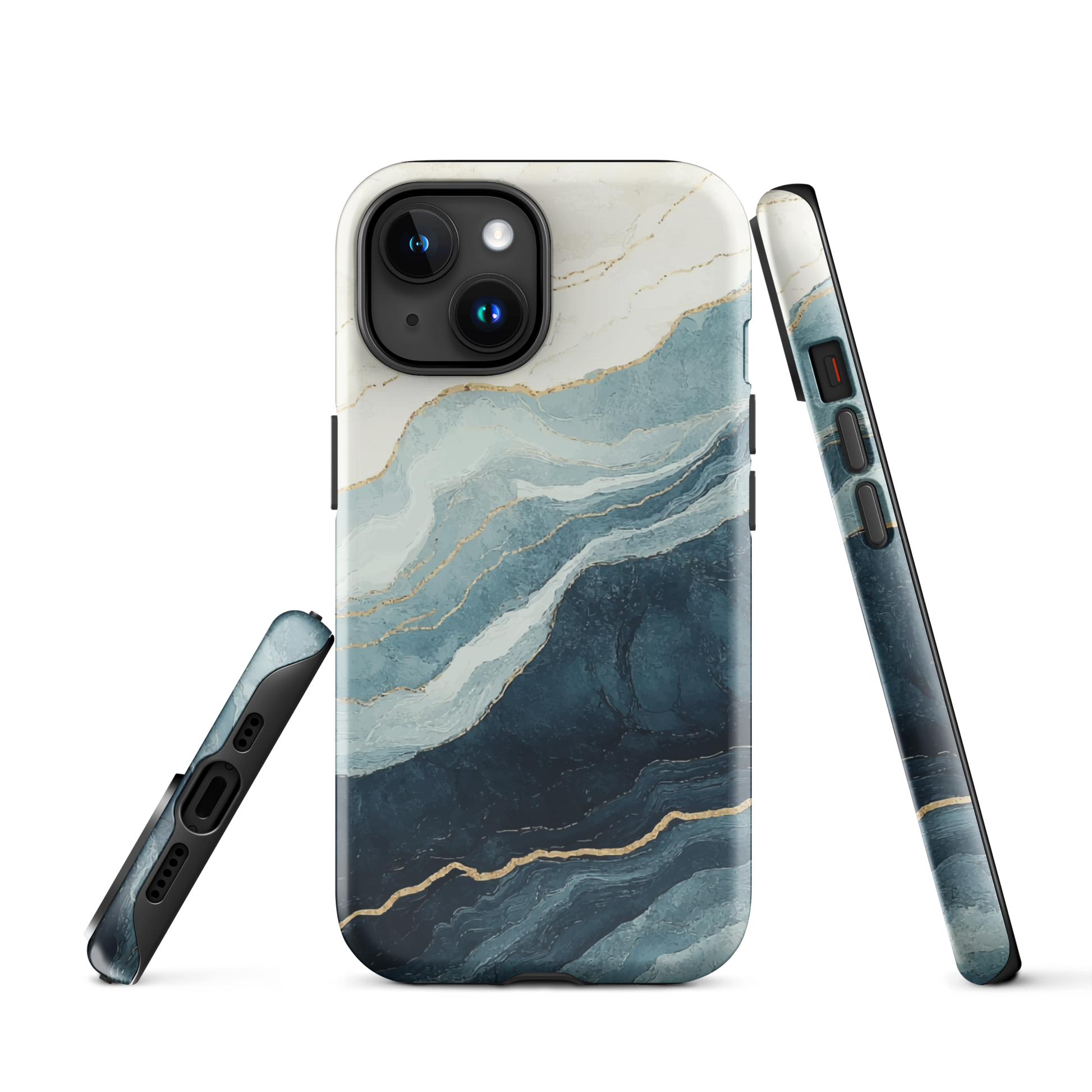 An elegant abstract phone case inspired by layered coastal forms in blue and teal tones.