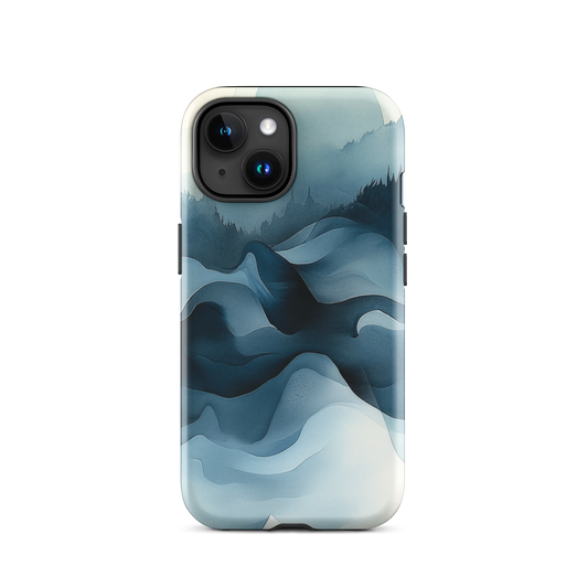 A calming abstract landscape protective phone case inspired by quiet valleys and soft blue tones.