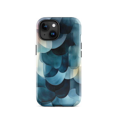 A modern abstract phone case featuring layered blue forms and soft flowing shapes.