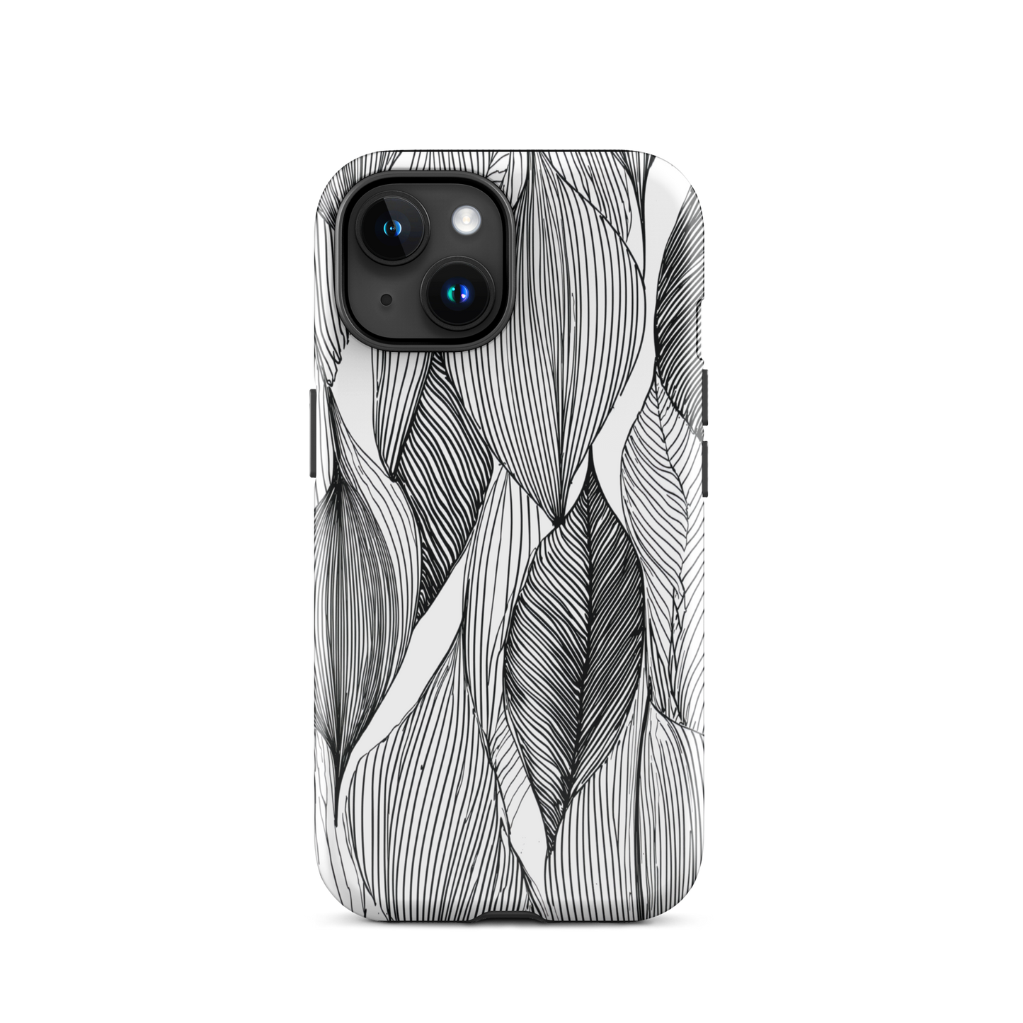 A minimalist phone case featuring fine black botanical linework in a repeating leaf pattern.