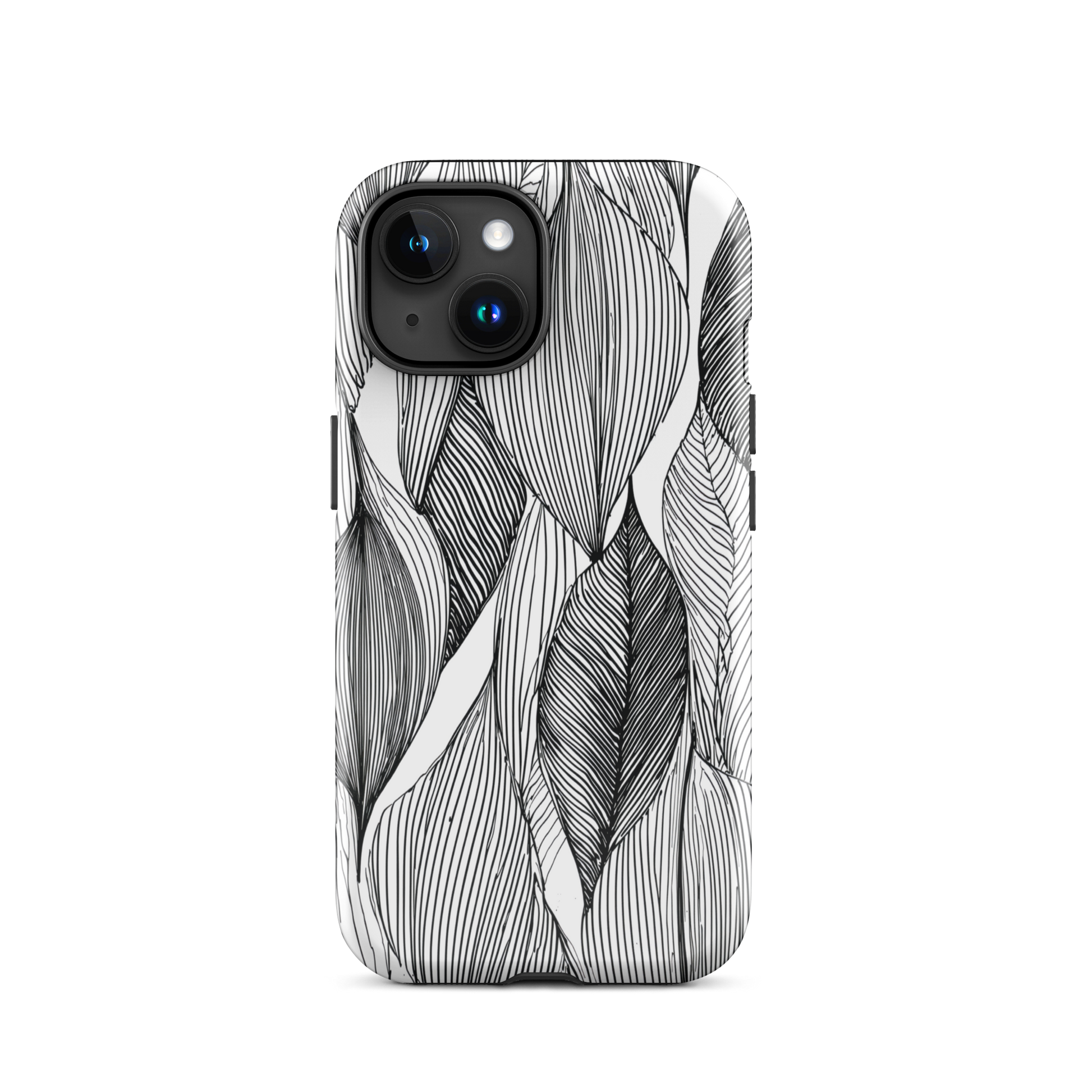 A minimalist phone case featuring fine black botanical linework in a repeating leaf pattern.