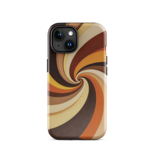 A retro-inspired phone case featuring warm swirling patterns in orange, yellow, and brown tones.