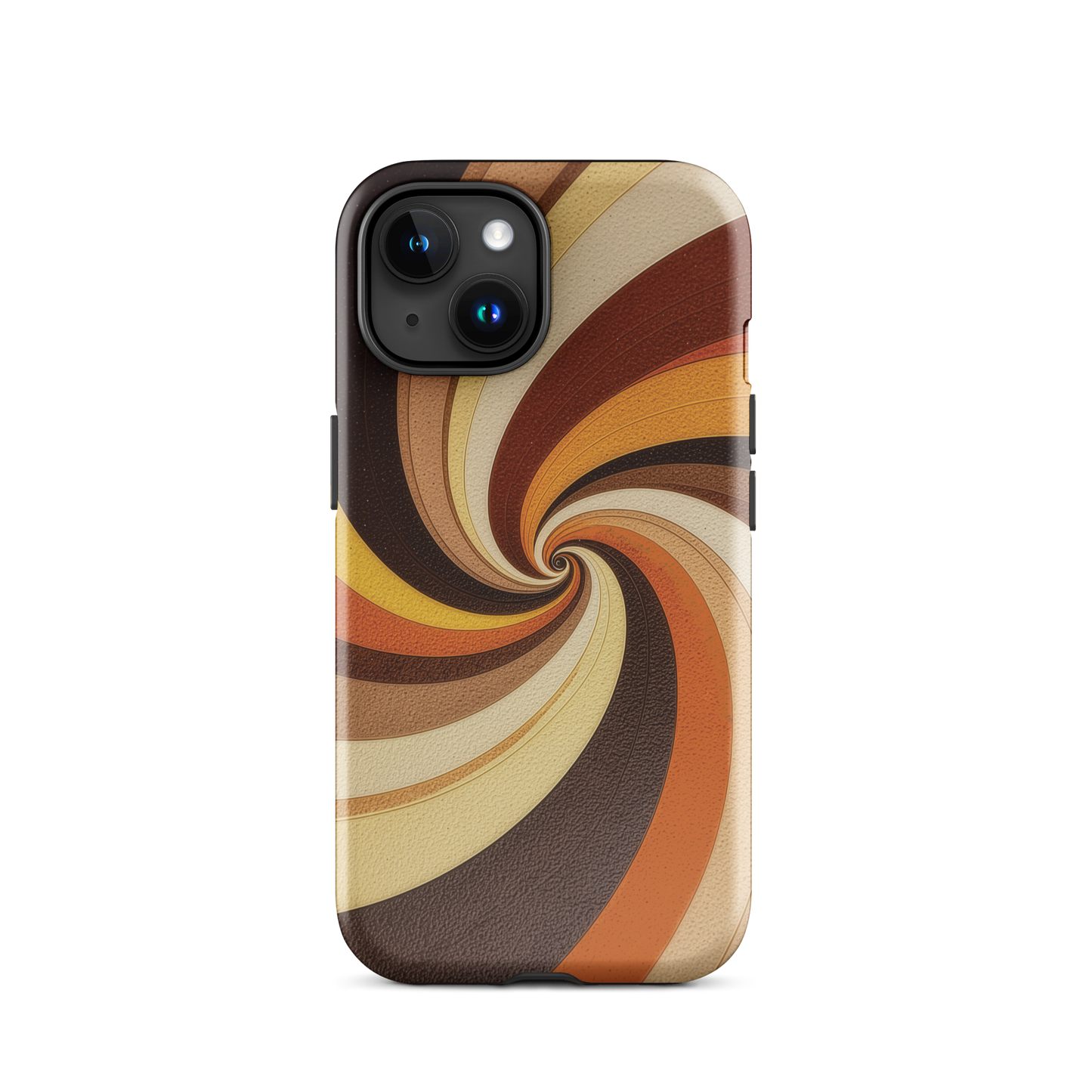 A retro-inspired phone case featuring warm swirling patterns in orange, yellow, and brown tones.