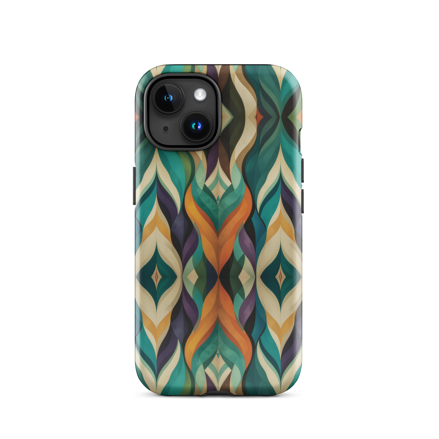 A bold geometric phone case featuring layered shapes in rich, earthy tones.
