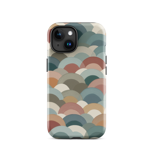 A soft retro-inspired phone case featuring layered arc shapes in warm, earthy tones.