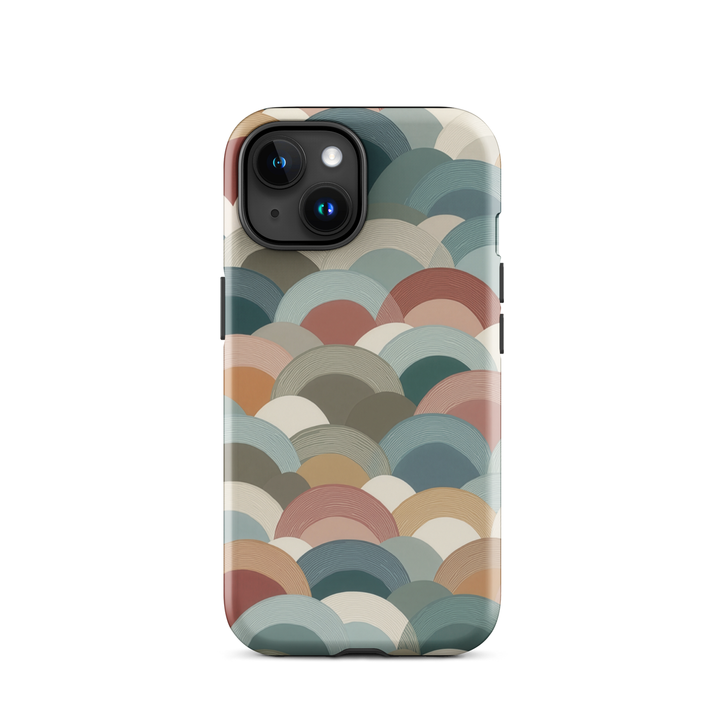 A soft retro-inspired phone case featuring layered arc shapes in warm, earthy tones.