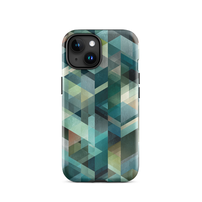 Modern abstract geometric phone case in teal and blue tones with layered retro-inspired shapes.