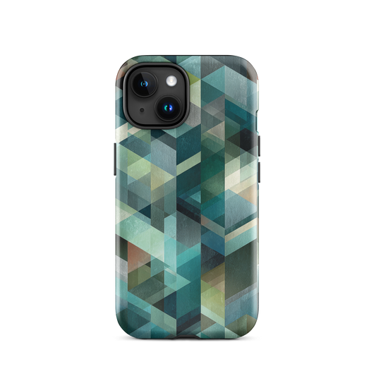 Modern abstract geometric phone case in teal and blue tones with layered retro-inspired shapes.