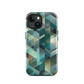 Modern abstract geometric phone case in teal and blue tones with layered retro-inspired shapes.