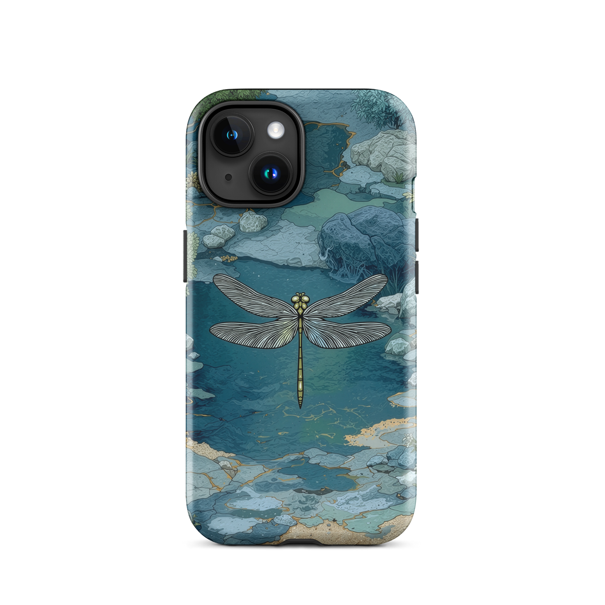 Nature-inspired phone case featuring a dragonfly over calm water with blue and green forest tones.