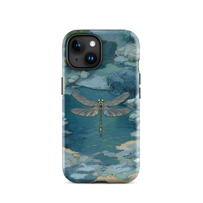 Nature-inspired phone case featuring a dragonfly over calm water with blue and green forest tones.
