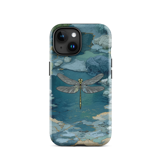 Nature-inspired phone case featuring a dragonfly over calm water with blue and green forest tones.
