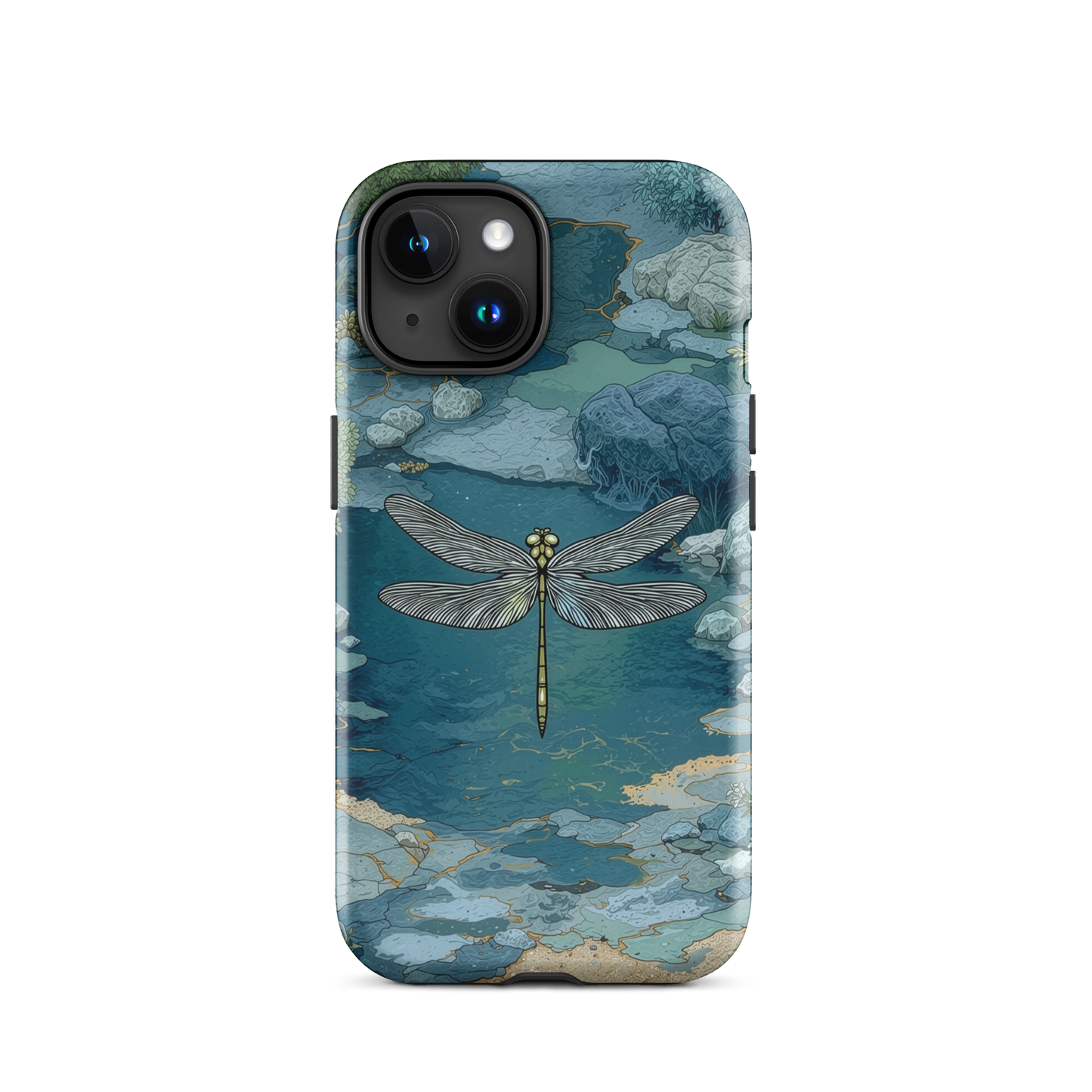 Nature-inspired phone case featuring a dragonfly over calm water with blue and green forest tones.