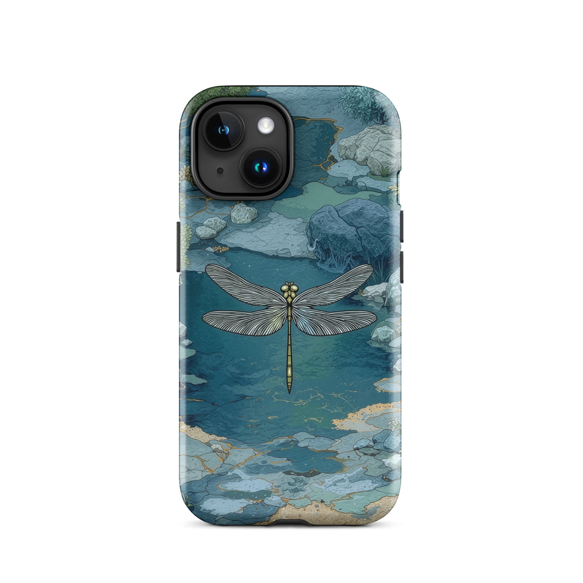 Nature-inspired phone case featuring a dragonfly over calm water with blue and green forest tones.