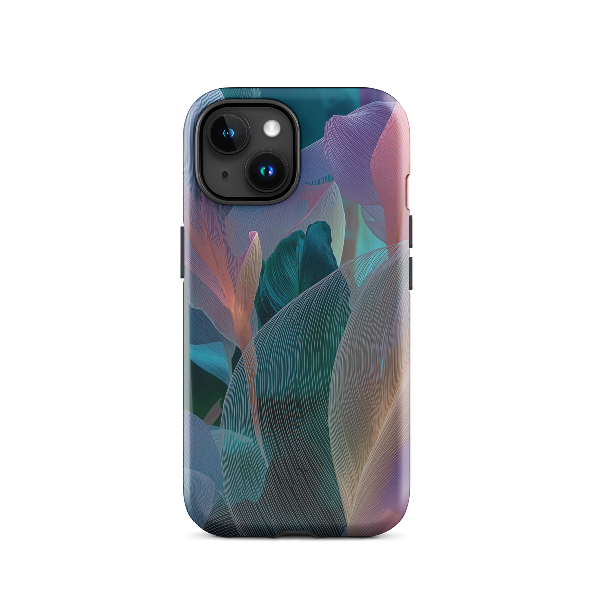 Abstract pastel botanical designer phone case in pink, lilac and teal tones with soft flowing floral textures