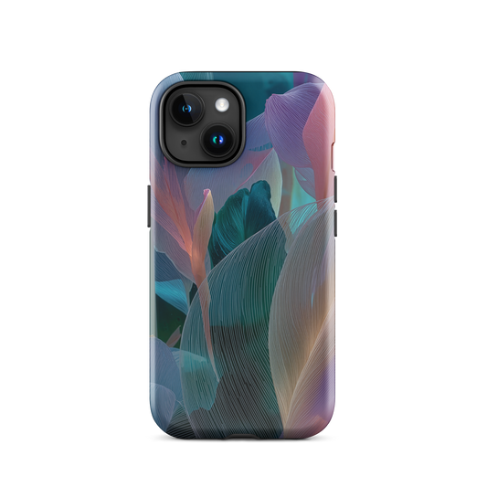 Abstract pastel botanical designer phone case in pink, lilac and teal tones with soft flowing floral textures