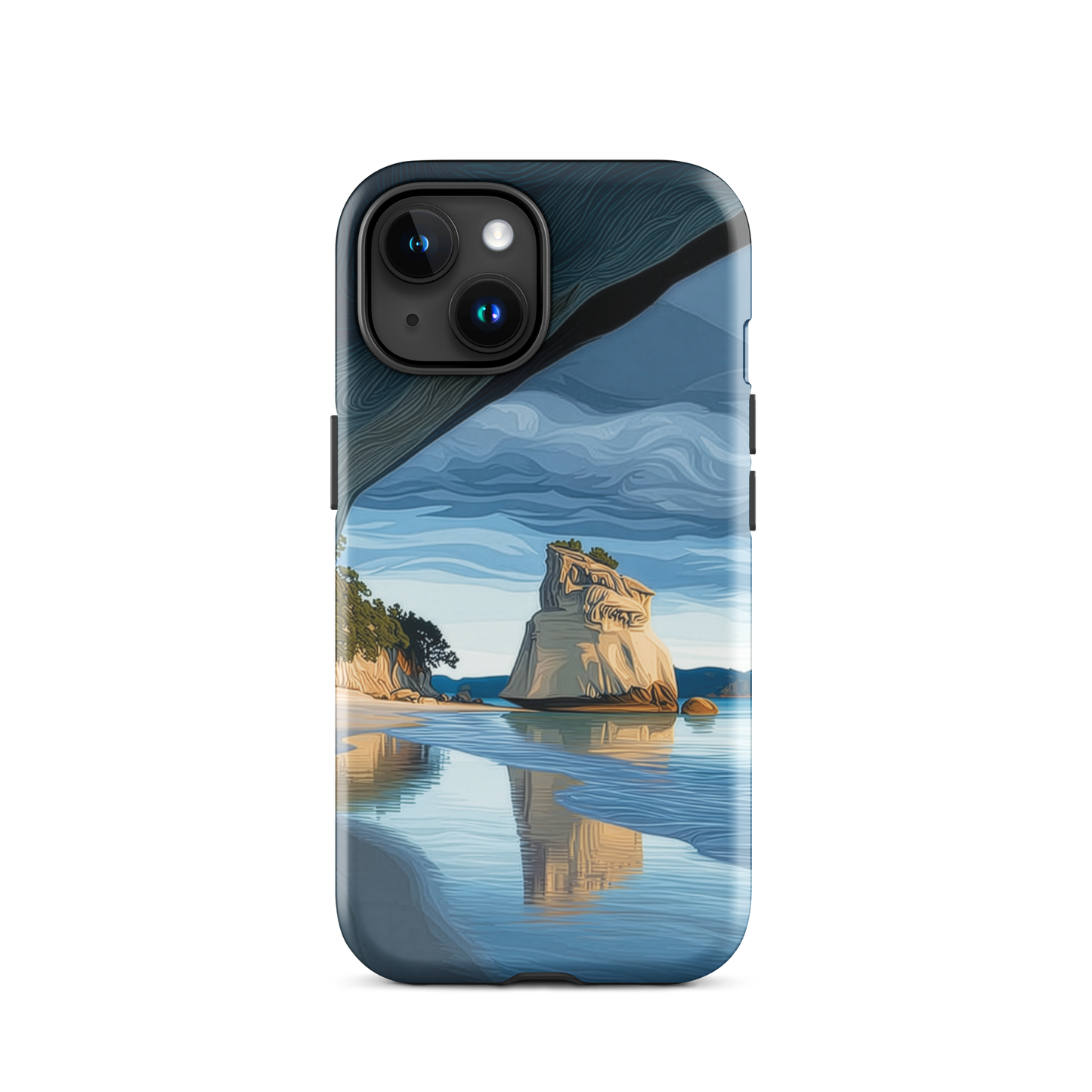 Artistic Cathedral Cove coastal designer phone case with arch rock, blue ocean and golden cliffs