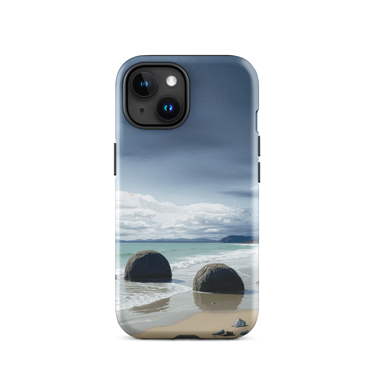 Moeraki Boulders coastal designer phone case with ocean waves and dramatic NZ sky