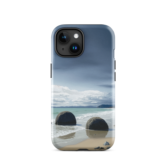 Moeraki Boulders coastal designer phone case with ocean waves and dramatic NZ sky