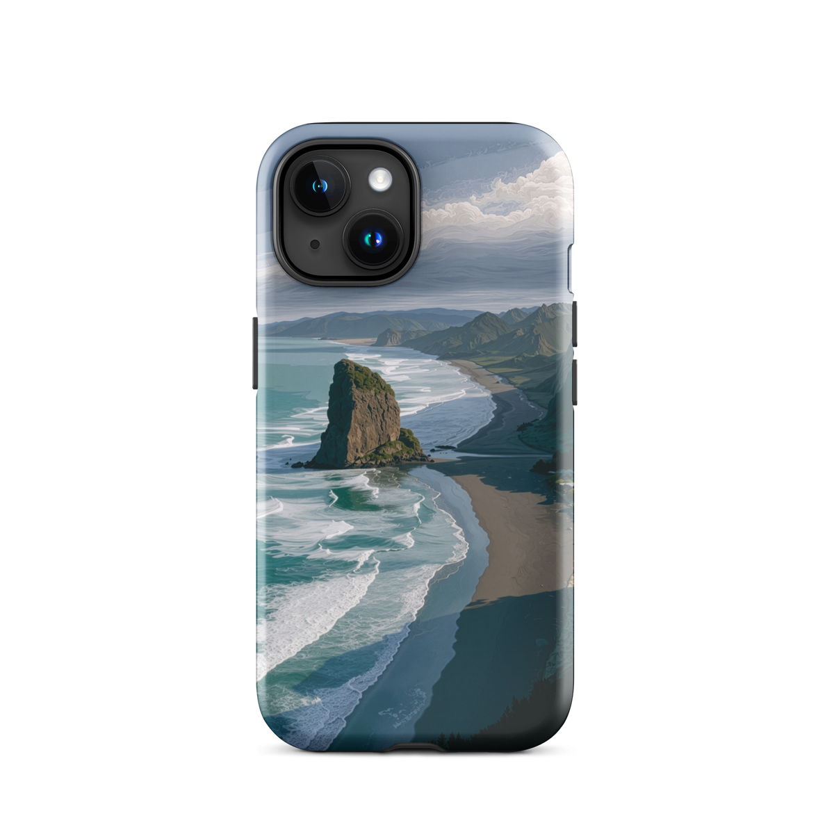 Piha Beach Lion Rock designer phone case with turquoise waves and dramatic NZ coastline