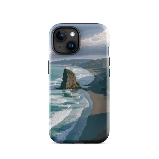 Piha Beach Lion Rock designer phone case with turquoise waves and dramatic NZ coastline