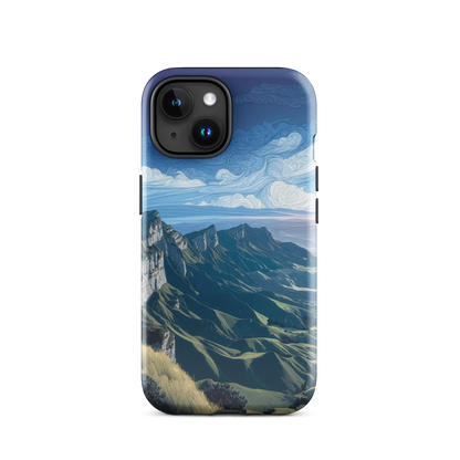 Te Mata Peak designer phone case with Hawke’s Bay cliffs, rolling green hills and dramatic swirling sky
