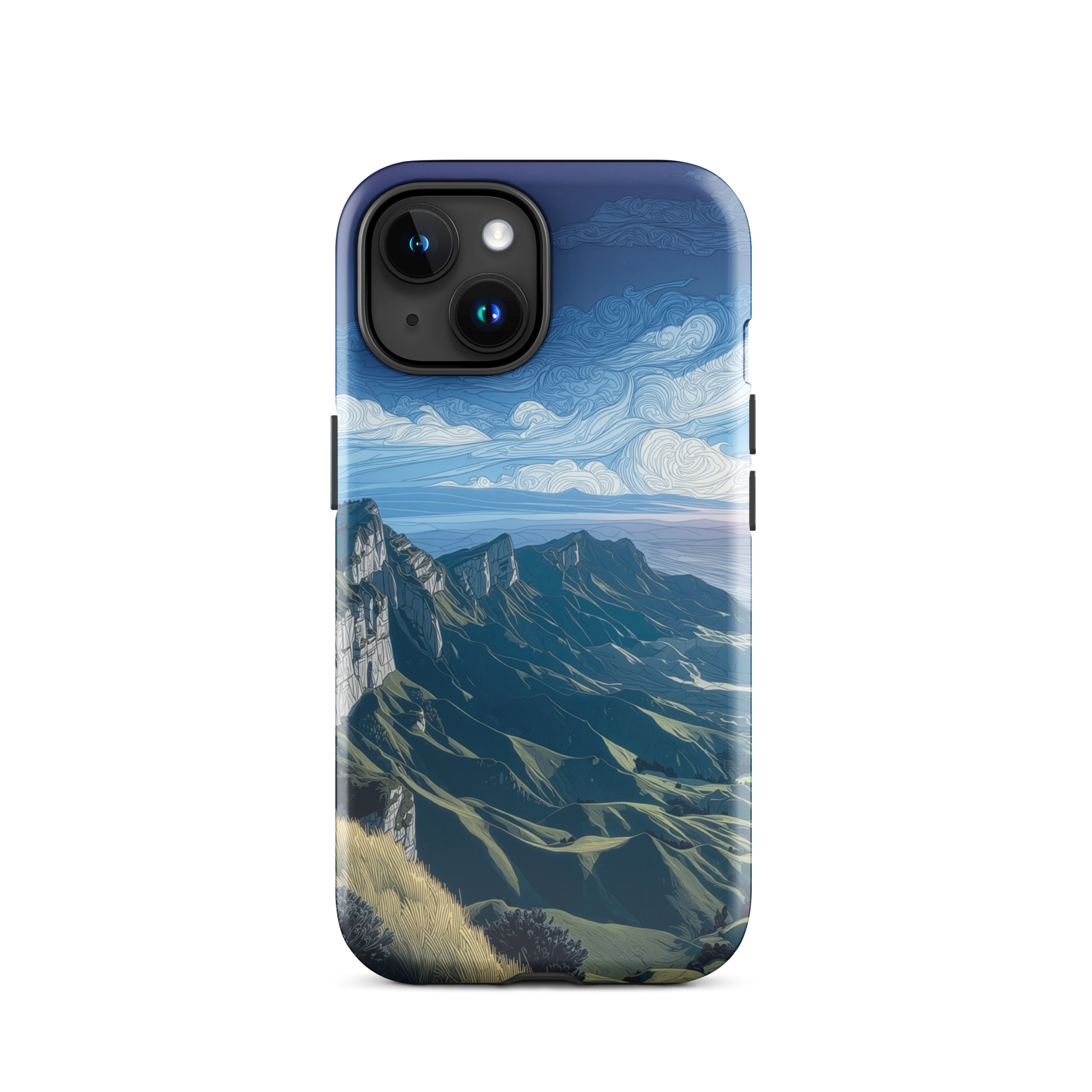 Te Mata Peak designer phone case with Hawke’s Bay cliffs, rolling green hills and dramatic swirling sky