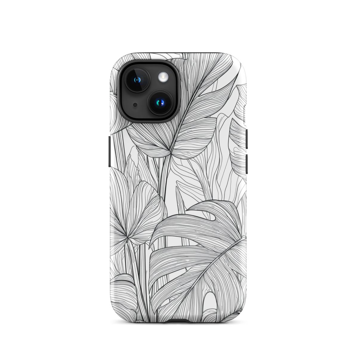 Minimal black and white tropical leaf designer phone case with detailed botanical line art