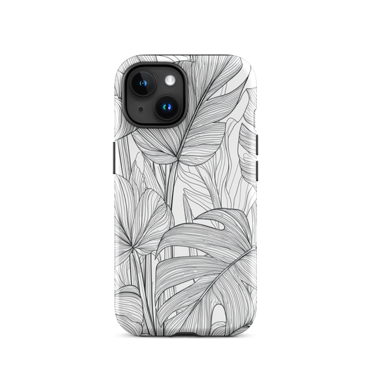Minimal black and white tropical leaf designer phone case with detailed botanical line art