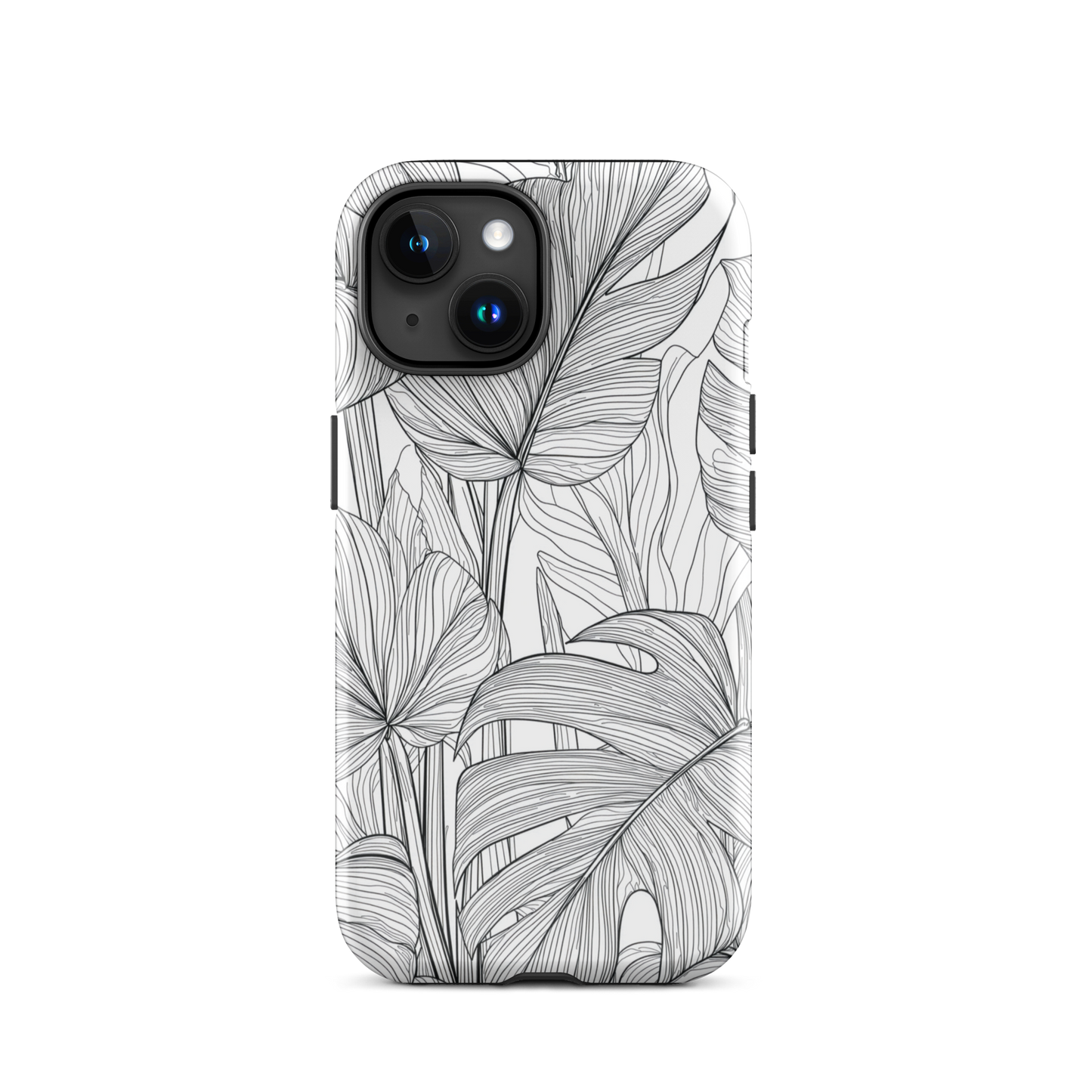 Minimal black and white tropical leaf designer phone case with detailed botanical line art
