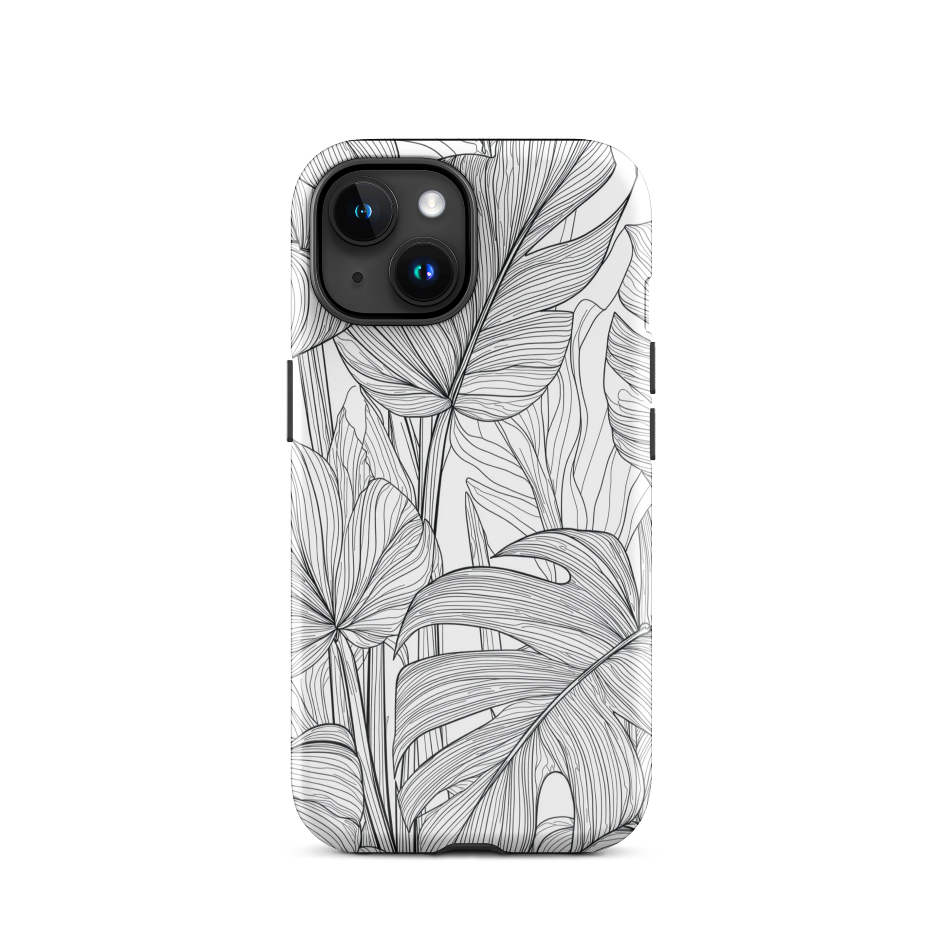 Minimal black and white tropical leaf designer phone case with detailed botanical line art