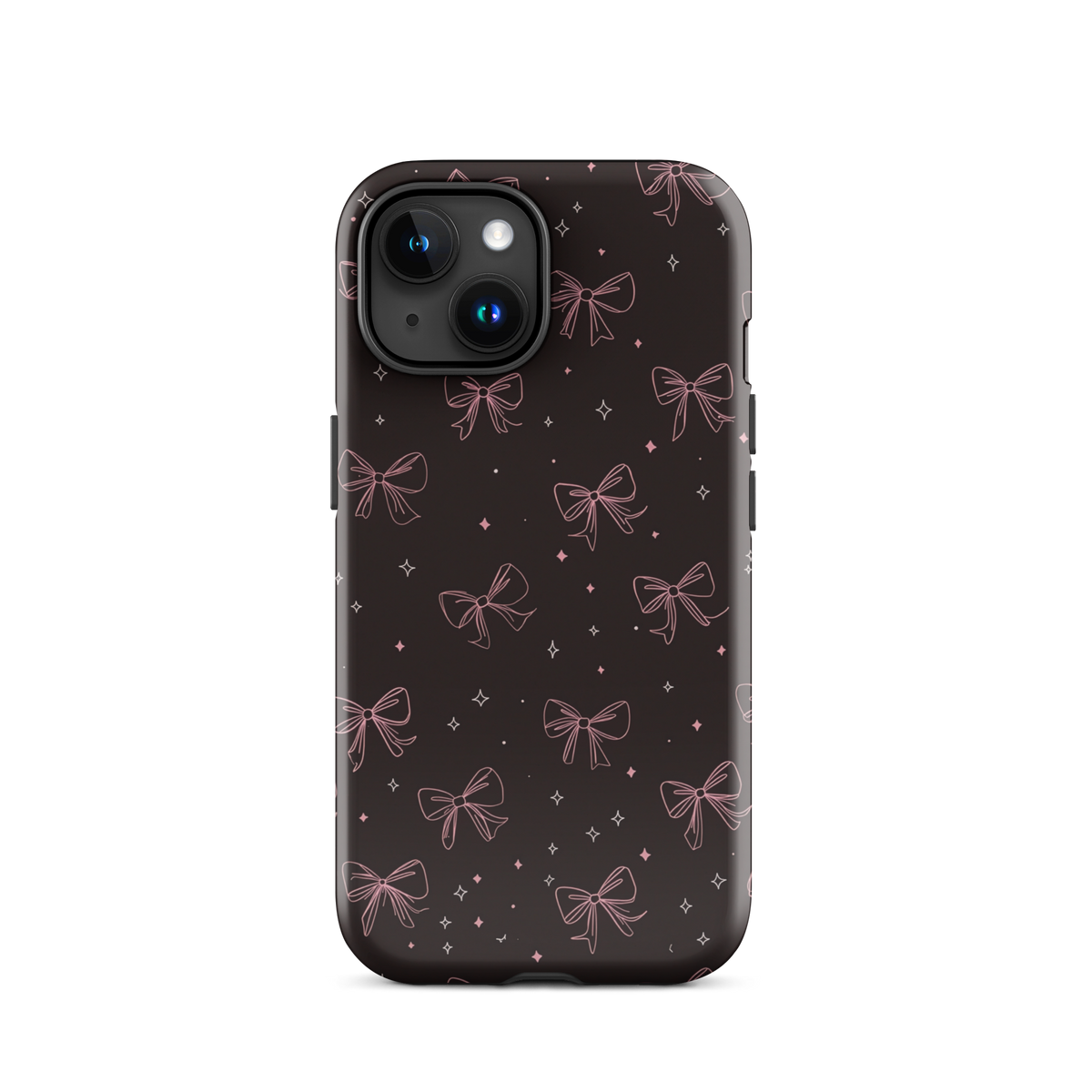 Midnight Bow seamless repeat pattern — pink hand-drawn ribbon bows and sparkle stars on a black background