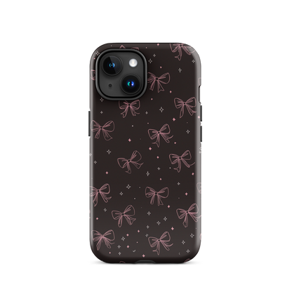 Midnight Bow seamless repeat pattern — pink hand-drawn ribbon bows and sparkle stars on a black background