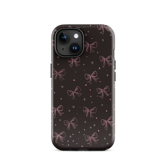 Midnight Bow seamless repeat pattern — pink hand-drawn ribbon bows and sparkle stars on a black background