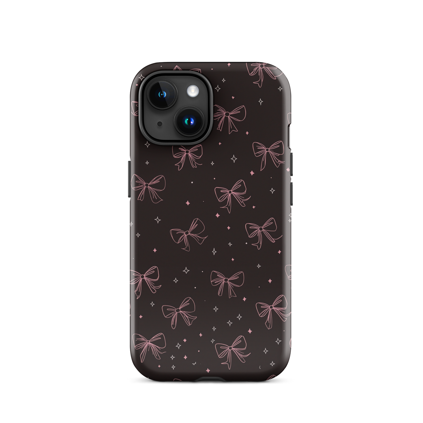 Midnight Bow seamless repeat pattern — pink hand-drawn ribbon bows and sparkle stars on a black background
