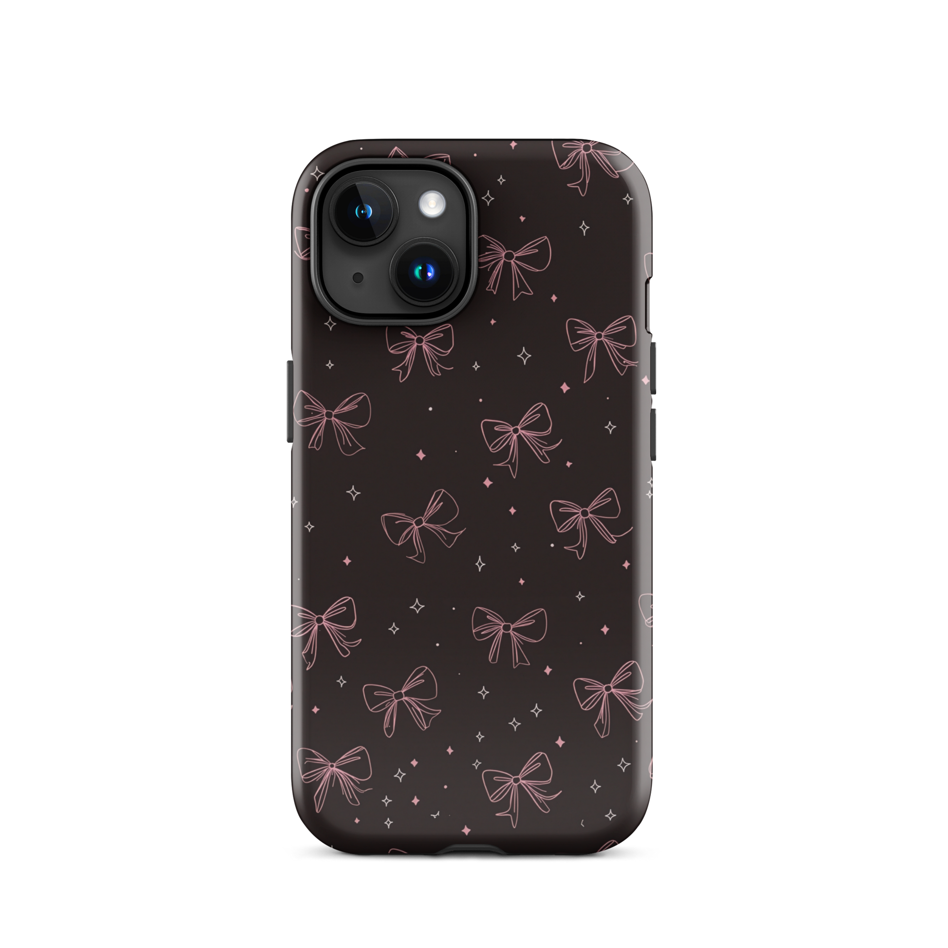 Midnight Bow seamless repeat pattern — pink hand-drawn ribbon bows and sparkle stars on a black background