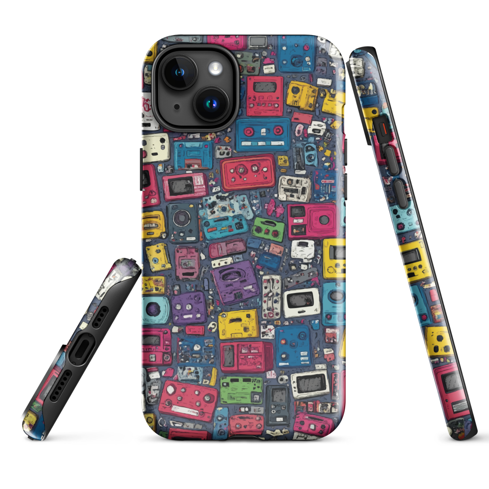 'Arcade' iPhone case, featuring a vibrant collage of hand-drawn controllers in bold, vintage-inspired colours. From electric blue and hot pink to classic black and yellow