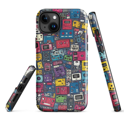 'Arcade' iPhone case, featuring a vibrant collage of hand-drawn controllers in bold, vintage-inspired colours. From electric blue and hot pink to classic black and yellow