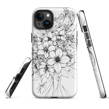 Black and white floral phone case with hand-drawn lilies and wildflowers