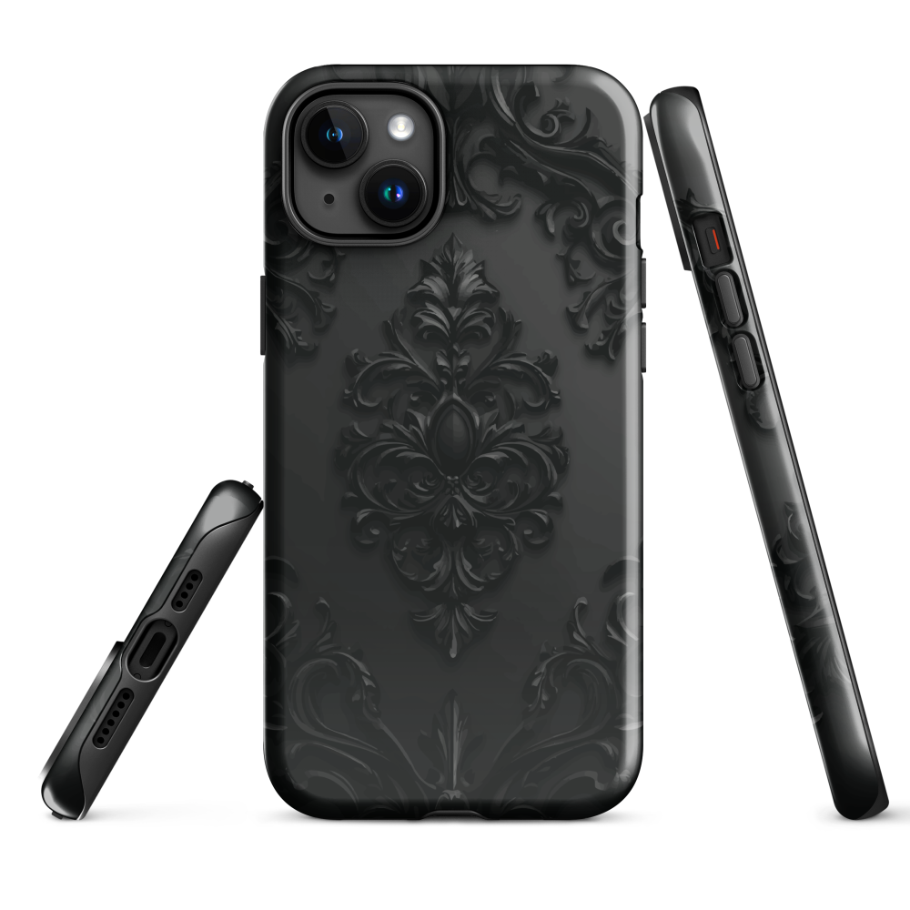Black embossed damask phone case with gothic baroque pattern.