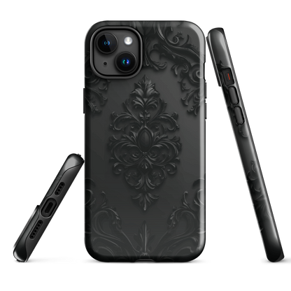 Black embossed damask phone case with gothic baroque pattern.