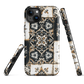 Moroccan tile pattern phone case in black, white, and gold tones with vintage-inspired design.