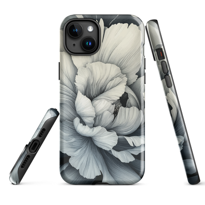 Black and white floral phone case featuring a soft, moody peony design by New Zealand artist Ben Hart.