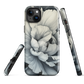 Black and white floral phone case featuring a soft, moody peony design by New Zealand artist Ben Hart.