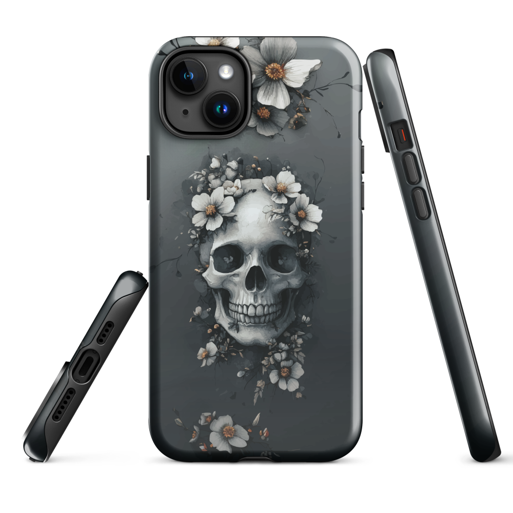 Gothic phone case with a floral skull design in grey tones, featuring white blossoms and dark detailing.